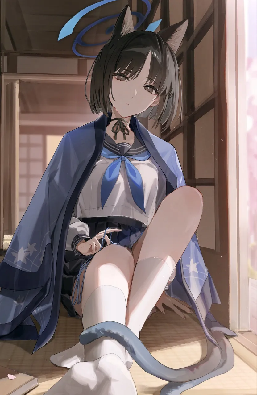 1girl animal_ears architecture black_eyes black_hair black_ribbon black_sailor_collar blue_halo blue_neckerchief blue_skirt bright_pupils cat_ears cat_tail east_asian_architecture halo indoors multiple_tails neck_ribbon neckerchief parted_bangs ribbon sailor_collar school_uniform serafuku shirt short_hair shouji sitting skirt sliding_doors socks solo tail tatami two_tails white_pupils white_shirt white_socks flatshi blue_archive kikyou__blue_archive