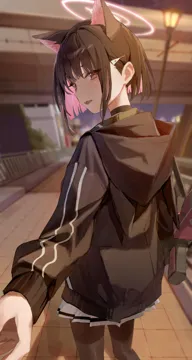 1girl animal_ears black_hair black_jacket black_pantyhose blurry blurry_background blush cat_ears choker colored_inner_hair extra_ears feet_out_of_frame hair_ornament hairclip halo hood hood_down hooded_jacket jacket lamppost long_sleeves multicolored_hair open_mouth outdoors pantyhose pink_hair pink_halo pleated_skirt pov red_eyes short_hair skirt smile solo white_skirt flatshi blue_archive kazusa__blue_archive