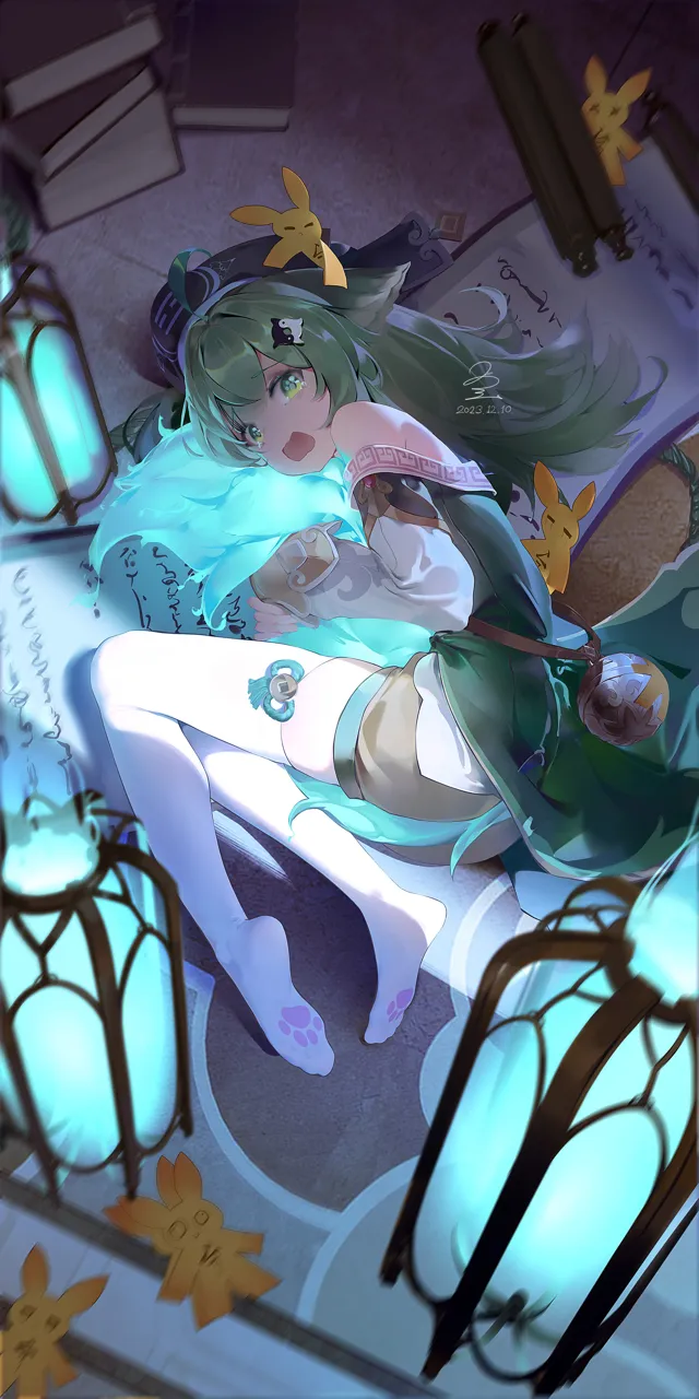 1girl ahoge animal_ears dated from_above full_body green_eyes green_hair hat hugging_own_tail hugging_tail lantern long_hair long_sleeves lying no_shoes on_side open_mouth paw_print_soles scroll signature solo tail tearing_up thighhighs white_thighhighs yin_yang_hair_ornament ribao honkai__star_rail honkai__series huohuo__honkai__star_rail