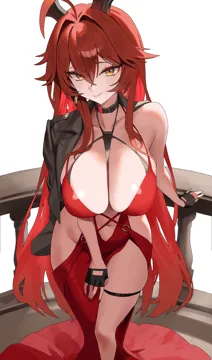 1girl bby black_gloves black_horns black_jacket breasts cleavage closed_mouth clothing_cutout collarbone double_parted_bangs dress earrings eyeliner fingerless_gloves gloves goddess_of_victory__nikke hair_between_eyes hair_intakes horns jacket jacket_on_shoulders jewelry large_breasts long_dress long_hair looking_at_viewer makeup nail_polish navel official_alternate_costume red_dress red_eyeliner red_hair red_hood__nikke red_hood__nonsense_red__nikke red_nails side_cutout simple_background single_off_shoulder smile solo standing stomach thigh_strap very_long_hair white_background yellow_eyes