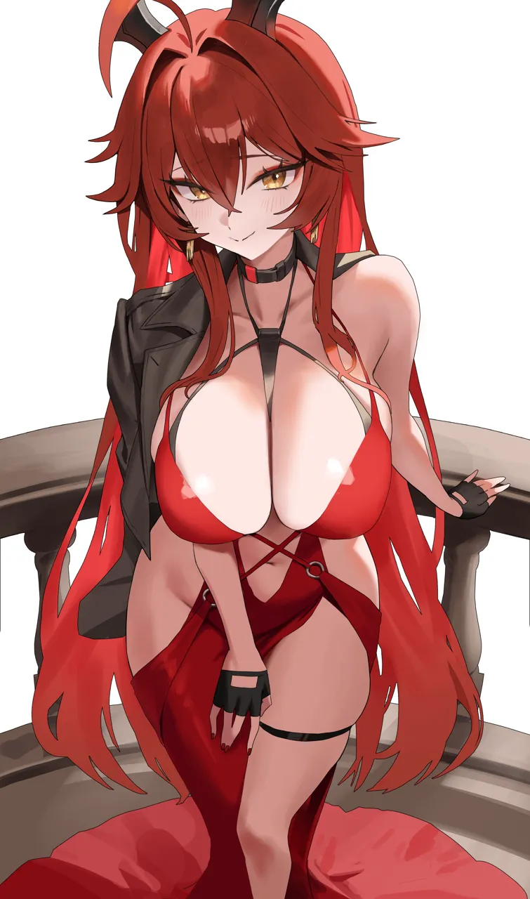 1girl bby black_gloves black_horns black_jacket breasts cleavage closed_mouth clothing_cutout collarbone double_parted_bangs dress earrings eyeliner fingerless_gloves gloves goddess_of_victory__nikke hair_between_eyes hair_intakes horns jacket jacket_on_shoulders jewelry large_breasts long_dress long_hair looking_at_viewer makeup nail_polish navel official_alternate_costume red_dress red_eyeliner red_hair red_hood__nikke red_hood__nonsense_red__nikke red_nails side_cutout simple_background single_off_shoulder smile solo standing stomach thigh_strap very_long_hair white_background yellow_eyes