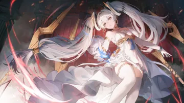1girl brown_eyes closed_mouth dress earrings elbow_gloves floating floating_hair floating_headgear floating_object floating_weapon from_below gloves hair_between_eyes headgear jewelry long_hair official_alternate_costume solo standing strapless strapless_dress thighhighs twintails very_long_hair white_dress white_gloves white_hair white_thighhighs mada__shizhou punishing__gray_raven luna__laurel__fiery_moon__pgr luna__pgr