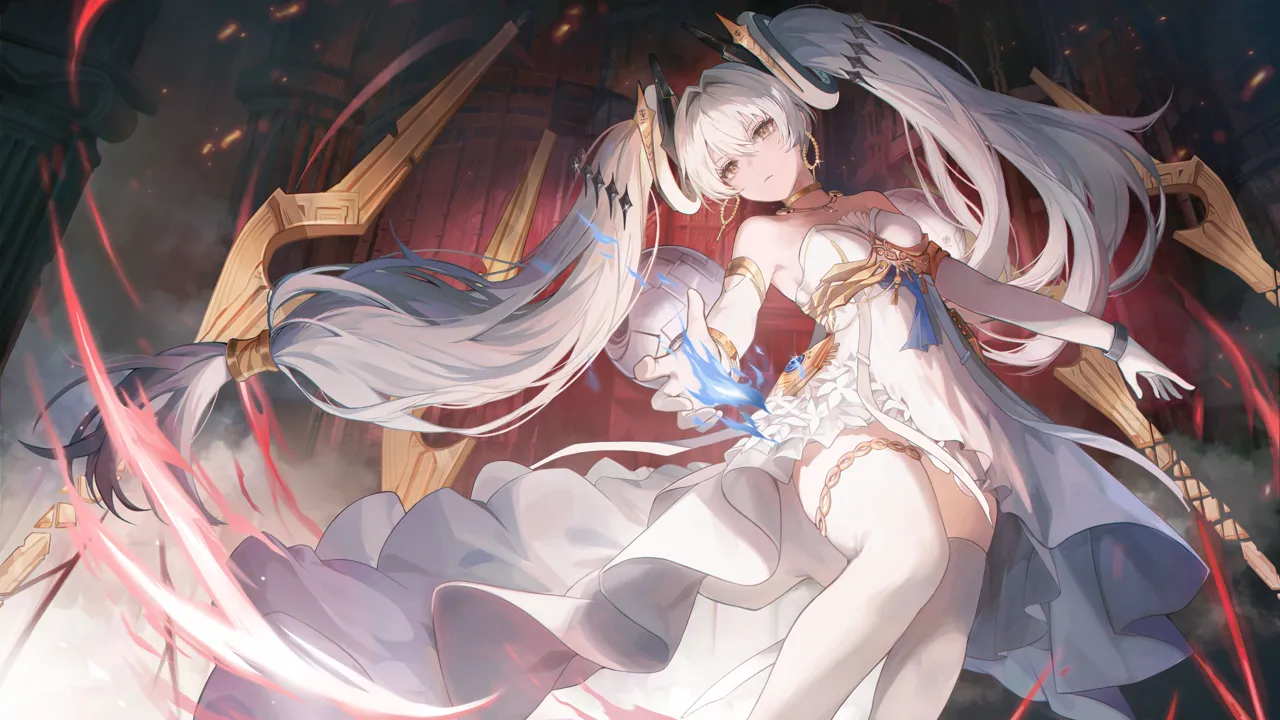 1girl brown_eyes closed_mouth dress earrings elbow_gloves floating floating_hair floating_headgear floating_object floating_weapon from_below gloves hair_between_eyes headgear jewelry long_hair official_alternate_costume solo standing strapless strapless_dress thighhighs twintails very_long_hair white_dress white_gloves white_hair white_thighhighs mada__shizhou punishing__gray_raven luna__laurel__fiery_moon__pgr luna__pgr