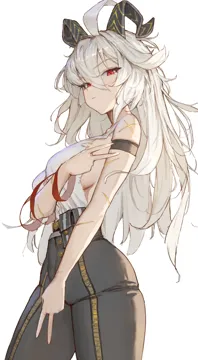 1girl arm_strap bare_shoulders black_horns black_pants breasts closed_mouth cowboy_shot curled_horns hair_between_eyes high_waist_pants horns large_breasts long_hair pants red_eyes shirt shirt_tucked_in solo white_shirt sib__9obsl wuthering_waves zani__wuthering_waves