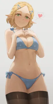 1girl bare_arms bare_shoulders bikini black_thighhighs blonde_hair blue_bikini blush braid breasts cleavage closed_mouth collarbone colored_eyelashes cowboy_shot free_style__yohan1754 green_eyes grey_background hair_ornament hairclip halterneck hands_on_own_chest hands_up heart looking_at_viewer medium_breasts navel own_hands_together parted_bangs pointy_ears princess_zelda short_hair side_tie_bikini_bottom smile solo spoken_heart standing stomach swimsuit the_legend_of_zelda the_legend_of_zelda__tears_of_the_kingdom thighhighs thighs