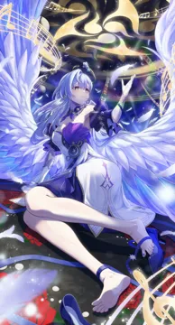 1girl asymmetrical_gloves bracelet detached_sleeves dress earrings falling_feathers feathered_wings feathers full_body gloves halo hand_up high_heels jewelry long_hair looking_to_the_side parted_lips purple_dress purple_hair purple_nails purple_shoes shoes short_sleeves smile solo thighs toes two_tone_dress uneven_gloves unworn_shoes white_dress white_gloves white_wings wings taiju__gr09kuma honkai__star_rail honkai__series robin__honkai__star_rail