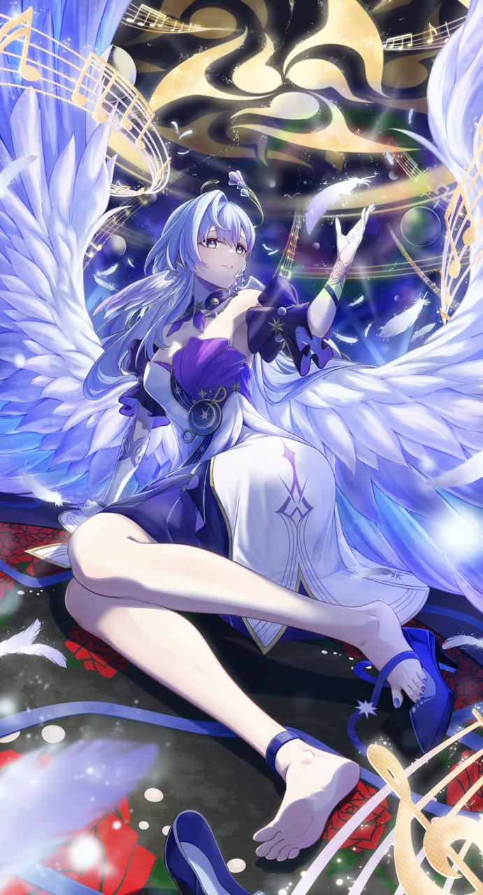 1girl asymmetrical_gloves bracelet detached_sleeves dress earrings falling_feathers feathered_wings feathers full_body gloves halo hand_up high_heels jewelry long_hair looking_to_the_side parted_lips purple_dress purple_hair purple_nails purple_shoes shoes short_sleeves smile solo thighs toes two_tone_dress uneven_gloves unworn_shoes white_dress white_gloves white_wings wings taiju__gr09kuma honkai__star_rail honkai__series robin__honkai__star_rail