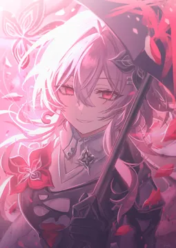 1girl artist_name black_gloves breasts gloves hair_between_eyes holding holding_umbrella long_hair looking_at_viewer medium_breasts parted_lips pink_hair pink_theme red_eyes shirt smile solo umbrella upper_body white_shirt por__por_tt honkai__star_rail honkai__series evernight__honkai__star_rail march_7th__honkai__star_rail