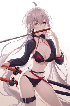 1girl ahoge backlighting belt bikini black_bikini breasts brown_eyes cleavage collarbone cowboy_shot floating_hair grey_hair halterneck hand_up katana leg_belt long_hair long_sleeves looking_at_viewer medium_breasts mouth_hold multiple_swords navel sheath sheathed shrug__clothing simple_background solo standing stomach swimsuit sword thighs very_long_hair weapon white_background niji__rudduf232 fate_grand_order fate__series jeanne_d_arc_alter__fate jeanne_d_arc_alter__swimsuit_berserker__fate