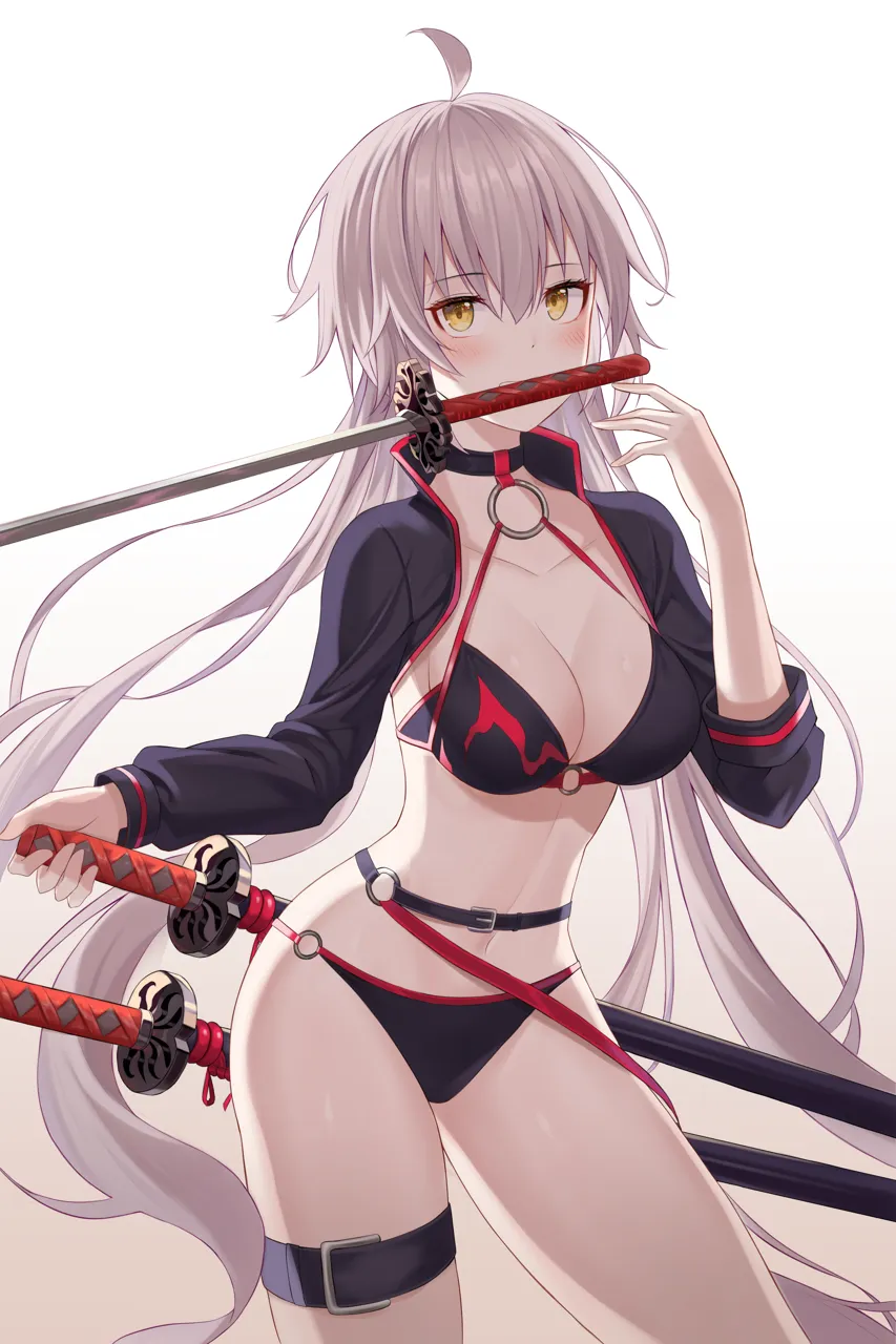 1girl ahoge backlighting belt bikini black_bikini breasts brown_eyes cleavage collarbone cowboy_shot floating_hair grey_hair halterneck hand_up katana leg_belt long_hair long_sleeves looking_at_viewer medium_breasts mouth_hold multiple_swords navel sheath sheathed shrug__clothing simple_background solo standing stomach swimsuit sword thighs very_long_hair weapon white_background niji__rudduf232 fate_grand_order fate__series jeanne_d_arc_alter__fate jeanne_d_arc_alter__swimsuit_berserker__fate
