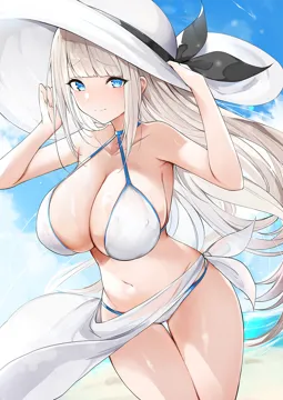 1girl beach bikini blue_eyes blunt_bangs blush breasts cleavage closed_mouth collarbone hat large_breasts large_hat looking_at_viewer luse_maonang mylene_rafa_holfort navel otome_gee_sekai_wa_mob_ni_kibishii_sekai_desu outdoors sideboob solo sun_hat swimsuit thighs water white_bikini white_hair white_hat