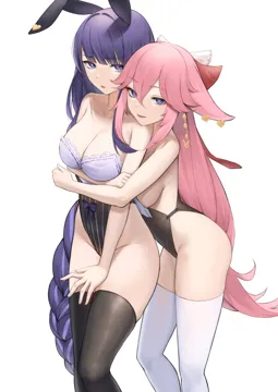 2girls animal_ears black_thighhighs braid breasts cleavage curvy from_behind genshin_impact hair_ornament hair_ribbon highleg highleg_leotard hug hug_from_behind legs leotard long_hair looking_at_viewer lordol low_braided_long_hair low_tied_long_hair medium_breasts multiple_girls pink_hair playboy_bunny purple_eyes purple_hair rabbit_ears raiden_shogun ribbon sideboob simple_background skindentation thick_thighs thighhighs thighs white_background white_thighhighs yae_miko