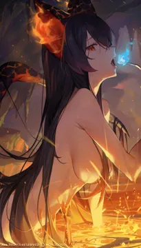 1girl animal_ears black_hair blue_fire breasts completely_nude fire from_side hair_over_breasts lava lips long_hair looking_at_viewer medium_breasts mole mole_under_eye nude open_mouth partially_submerged red_eyes solo tail teeth upper_teeth_only monoco55
