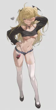 1girl ahoge alternate_costume arm_up ass_visible_through_thighs bare_shoulders black_choker black_footwear black_nails black_panties black_shirt blonde_hair blue_shorts bow breasts casual choker collarbone crop_top denim denim_shorts eyebrows_hidden_by_hair fischl__genshin_impact full_body genshin_impact green_eyes grey_background grin hair_bow hair_over_one_eye hand_on_own_face hand_on_own_hip head_wings heart highleg highleg_panties legs long_hair long_sleeves looking_at_viewer medium_breasts micro_shorts nail_polish navel off_shoulder off_shoulder_shirt one_eye_covered open_fly panties panty_straps pendant_choker shirt shorts sidelocks simple_background smile solo standing stomach string_panties tachi_e teeth thighhighs thighs two_side_up underboob underwear white_thighhighs wings zutsuyaku