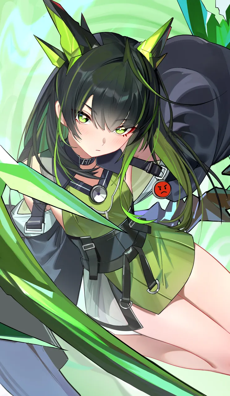 1girl animal_ears bare_shoulders black_collar black_hair cat_ears closed_mouth collar dress green_dress green_eyes green_hair jacket long_hair long_sleeves looking_at_viewer multicolored_hair solo yueyueyue_yao arknights mon3tr__arknights