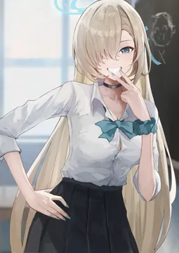 1girl aqua_bow aqua_bowtie aqua_nails aqua_scrunchie black_choker black_skirt blonde_hair blue_eyes blue_halo blurry blurry_background bow bowtie breasts choker cleavage cowboy_shot fingers_to_mouth grin hair_over_one_eye halo hand_on_own_hip indoors long_hair looking_at_viewer pleated_skirt school_uniform scrunchie shirt skirt smile solo white_shirt wrist_scrunchie jiang_zhuti_jiojio blue_archive asuna__blue_archive asuna__school_uniform__blue_archive doodle_sensei__blue_archive sensei__blue_archive