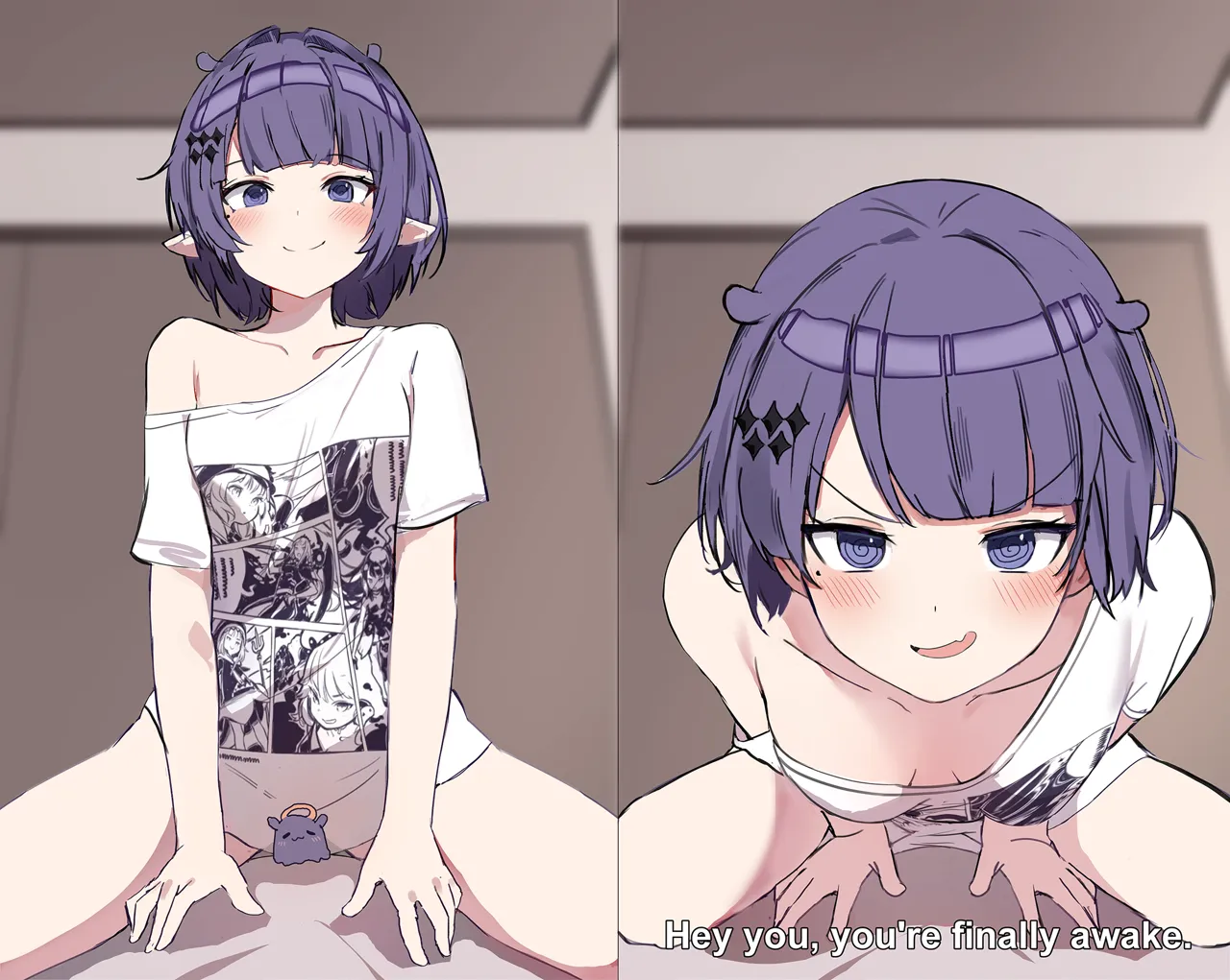 1girl 2koma alternate_costume bed_sheet blunt_bangs blush bob_cut breasts censored cleavage closed_mouth comic downblouse english_text good_morning_my_brother__meme hair_intakes hair_ornament hairclip halo hololive hololive_english indoors leaning_forward looking_at_viewer meme mole mole_under_eye naughty_face ninomae_ina_nis ninomae_ina_nis__loungewear no_pants novelty_censor off_shoulder orobou parted_lips pointy_ears pov print_shirt purple_eyes purple_hair scene_reference shirt short_hair single_bare_shoulder small_breasts smile socks spread_legs straddling subtitled takodachi__ninomae_ina_nis the_elder_scrolls the_elder_scrolls_v__skyrim tokidoki_bosotto_roshia_go_de_dereru_tonari_no_alya_san v_shaped_eyebrows virtual_youtuber white_socks you_re_finally_awake__meme