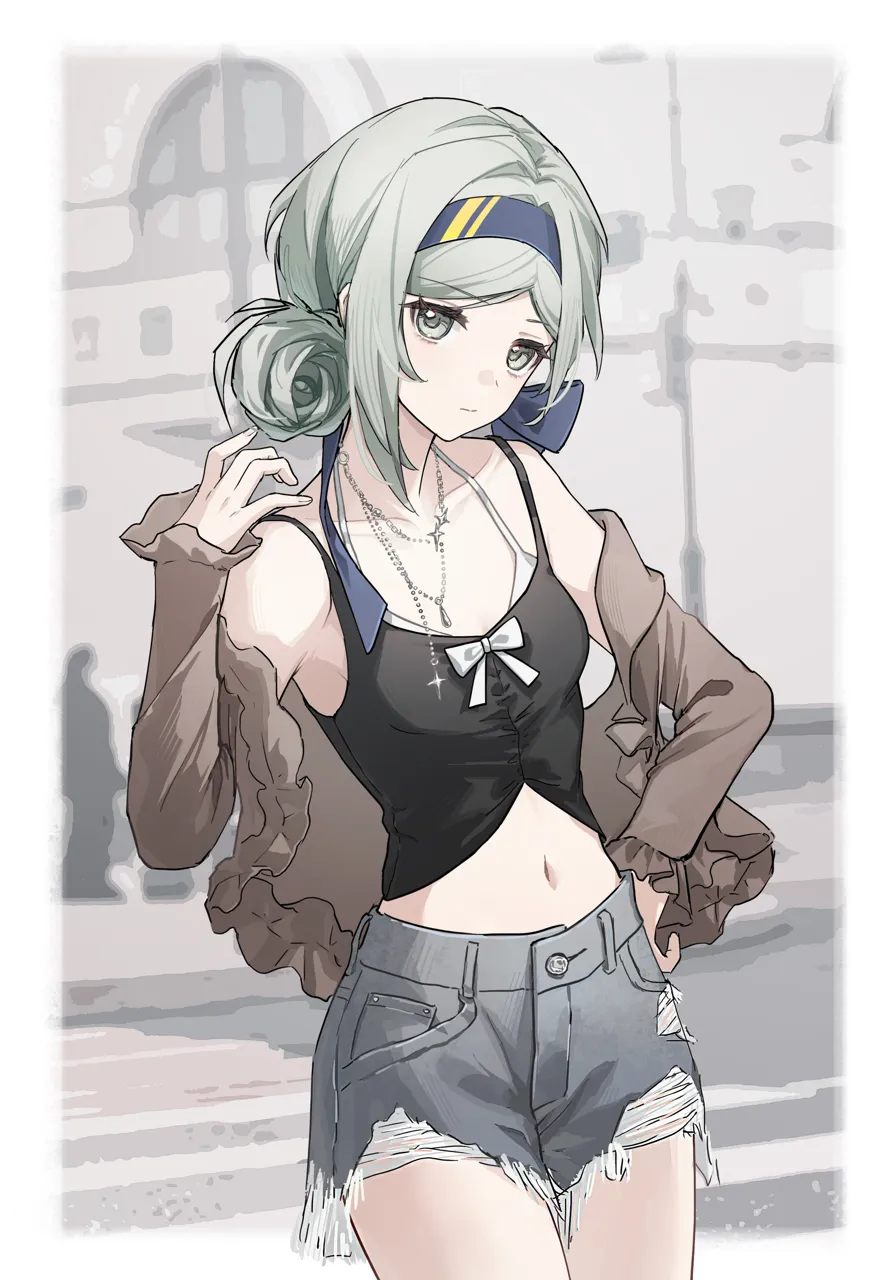 1girl black_camisole blue_hairband blue_ribbon border bow bra breasts brown_jacket camisole closed_mouth collarbone cowboy_shot cutoffs denim denim_shorts expressionless grey_eyes grey_hair grey_shorts hair_bun hair_ribbon hairband halterneck hand_on_own_hip hand_up jacket jewelry looking_at_viewer midriff navel necklace off_shoulder open_clothes open_jacket outside_border ribbon short_shorts shorts small_breasts solo underwear white_border white_bow white_bra yukiri__l_ii reverse_1999 vertin__reverse_1999
