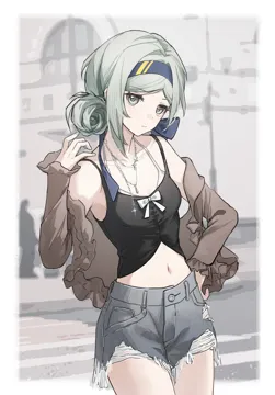 1girl black_camisole blue_hairband blue_ribbon border bow bra breasts brown_jacket camisole closed_mouth collarbone cowboy_shot cutoffs denim denim_shorts expressionless grey_eyes grey_hair grey_shorts hair_bun hair_ribbon hairband halterneck hand_on_own_hip hand_up jacket jewelry looking_at_viewer midriff navel necklace off_shoulder open_clothes open_jacket outside_border ribbon short_shorts shorts small_breasts solo underwear white_border white_bow white_bra yukiri__l_ii reverse_1999 vertin__reverse_1999