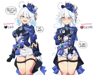 1girl ahoge ascot asymmetrical_gloves black_ascot blue_bow blue_eyes blue_headwear blue_jacket blush bow brooch cowboy_shot english_text eyelash_ornament furina__genshin_impact genshin_impact gloves hat hat_bow heart hinghoi jacket jewelry long_sleeves looking_at_viewer mismatched_gloves multiple_views open_mouth short_hair short_shorts shorts simple_background smile speech_bubble standing thigh_strap thighs top_hat white_background white_gloves white_hair white_shorts