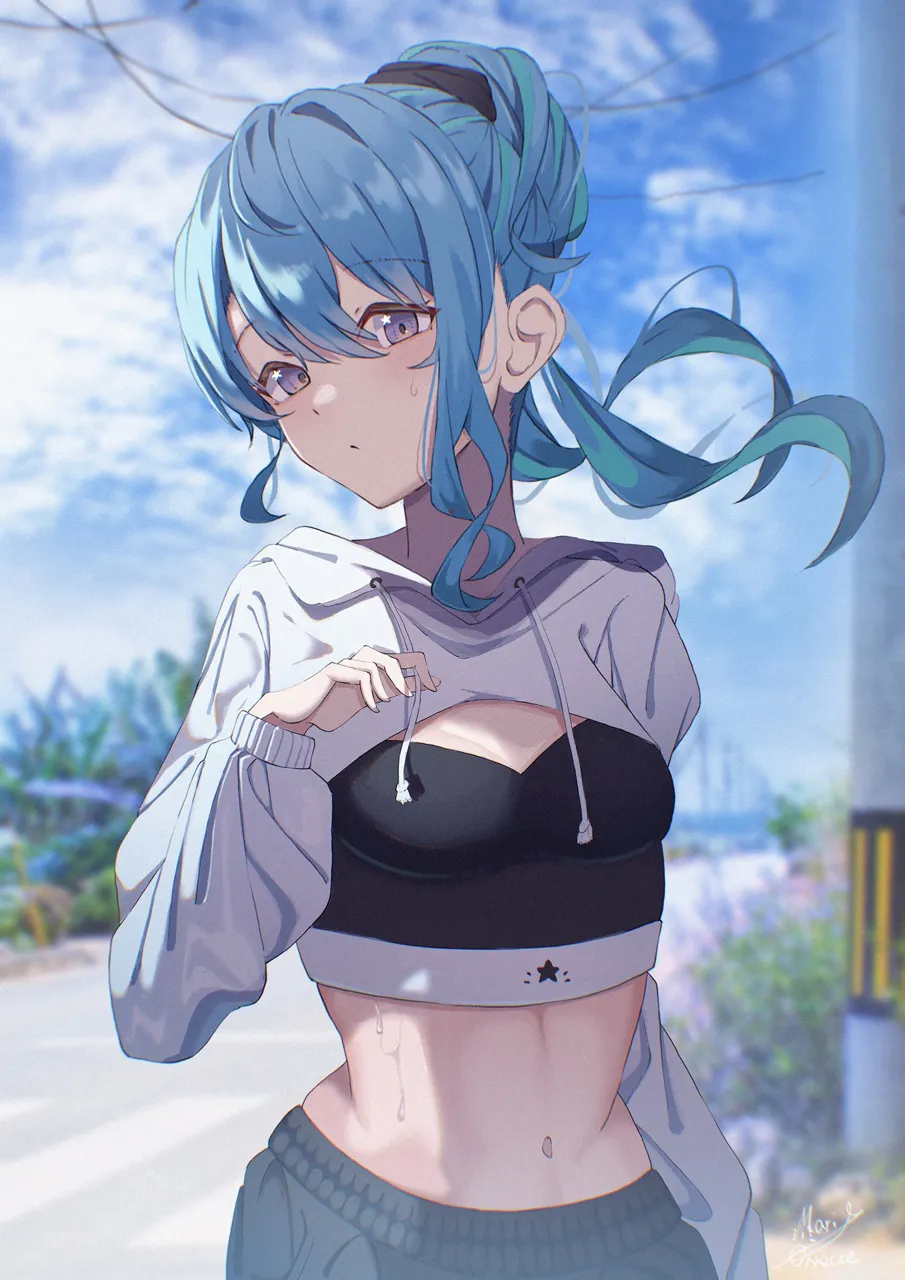 1girl alternate_costume alternate_hairstyle black_sports_bra blue_eyes blue_hair breasts casual crop_top day hood hoodie long_hair looking_at_viewer midriff navel outdoors ponytail shrug__clothing small_breasts solo sports_bra star__symbol star_in_eye stomach sweat symbol_in_eye virtual_youtuber maria_onnette hololive hoshimachi_suisei__hololive