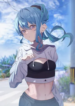 1girl alternate_costume alternate_hairstyle black_sports_bra blue_eyes blue_hair breasts casual crop_top day hood hoodie long_hair looking_at_viewer midriff navel outdoors ponytail shrug__clothing small_breasts solo sports_bra star__symbol star_in_eye stomach sweat symbol_in_eye virtual_youtuber maria_onnette hololive hoshimachi_suisei__hololive