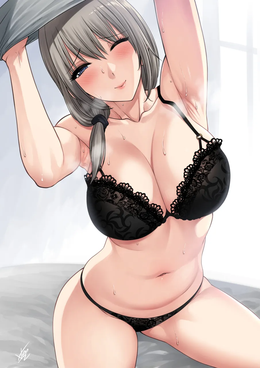 1girl armpits arms_up black_bra black_panties blue_eyes blush bra breasts cleavage collarbone grey_eyes grey_hair large_breasts lips long_hair looking_at_viewer mature_female navel one_eye_closed panties signature simple_background smile solo steam steaming_body sweat underwear undressing uzaki_chan_wa_asobitai uzaki_tsuki xter
