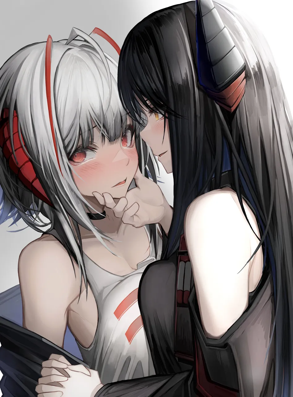 2girls antenna_hair bare_shoulders black_choker black_hair blush breast_press breasts choker demon_horns face_to_face from_side grabbing_another_s_chin grey_background hand_on_another_s_chin holding_hands horns interlocked_fingers light_smile long_hair looking_at_another looking_away looking_to_the_side medium_hair multiple_girls official_alternate_costume orange_eyes parted_lips profile red_eyes sidelighting simple_background smile symmetrical_docking tank_top upper_body white_hair white_tank_top yuri tab_head arknights ines__arknights w__arknights