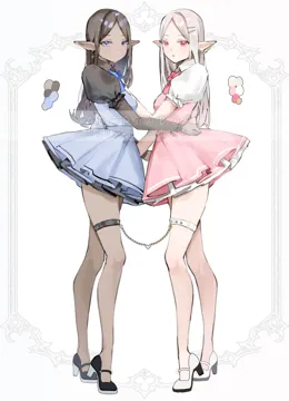 2girls black_hair blue_dress blue_eyes border bound bound_together bow breasts chain chained_legs collared_dress color_guide dark_skinned_female dark_elf dark_skin dress earrings elf garter_straps hair_ornament hairclip hand_on_another_s_shoulder hands_on_another_s_waist high_heels jewelry juliet_sleeves long_sleeves multiple_girls pink_dress pink_eyes pointy_ears puffy_short_sleeves puffy_sleeves red_eyes short_dress short_sleeves small_breasts straight_hair thighs torso_grab white_background white_border white_hair nakony