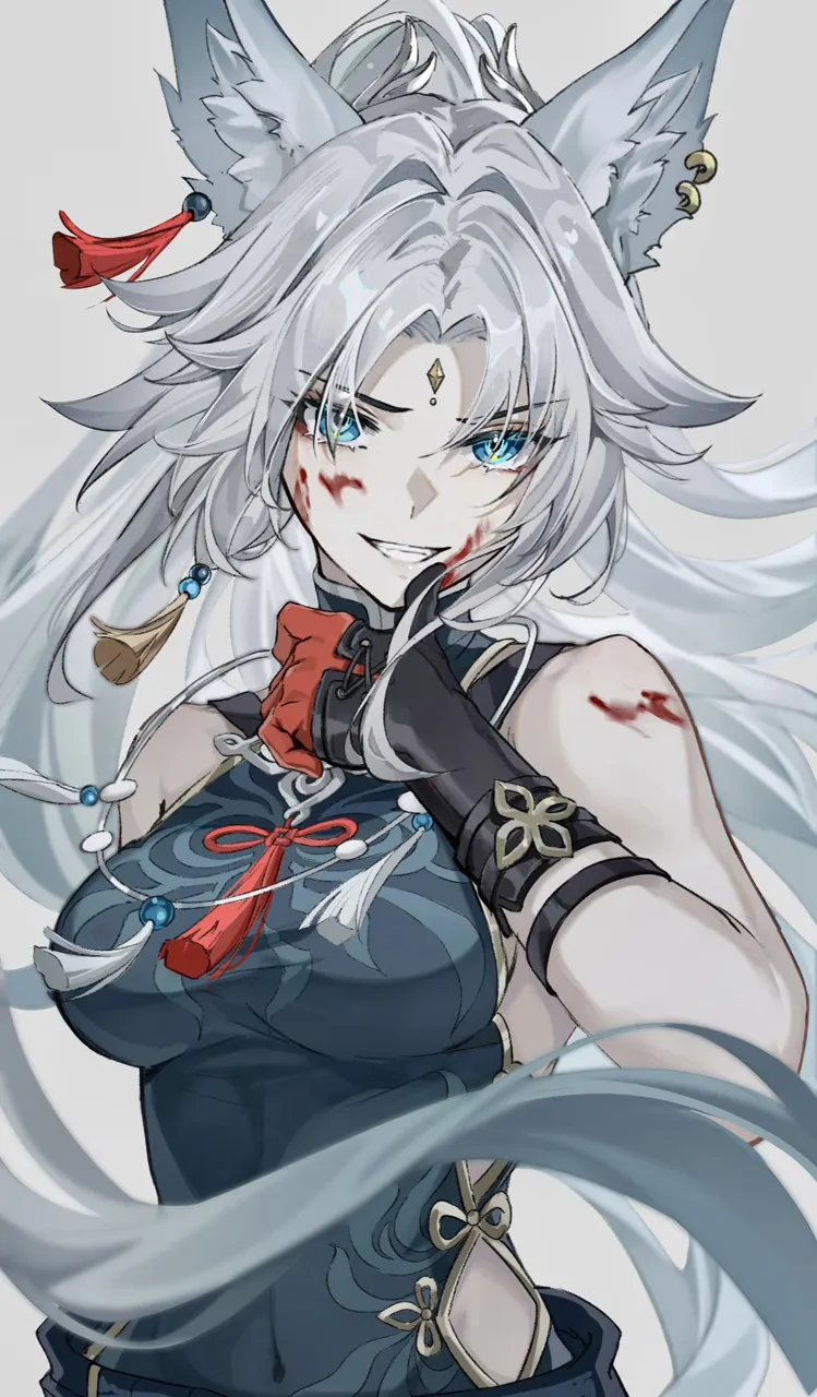 1girl animal_ear_fluff animal_ears bare_shoulders black_gloves blood blood_on_face blue_shirt breasts covered_navel forehead_jewel fox_ears fox_girl gloves gradient_hair green_eyes green_hair grin large_breasts linea_alba long_hair looking_at_viewer multicolored_hair no_coat parted_bangs shirt sidelocks smile solo teeth upper_body very_long_hair white_hair wiping_face mihan__mihan_art honkai__star_rail honkai__series feixiao__honkai__star_rail