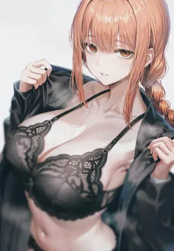 1girl black_bra black_jacket black_panties bra braid braided_ponytail breasts chainsaw_man cleavage jacket kurono_mitsuki lace_trim lace_trimmed_bra large_breasts makima__chainsaw_man navel open_clothes open_jacket orange_eyes panties pants parted_lips red_hair ringed_eyes shirt sidelocks solo steaming_body stomach sweat underwear