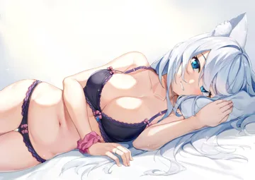 1girl animal_ear_fluff animal_ears bare_shoulders bed_sheet blue_eyes blue_hair blush bra breasts cleavage collarbone fox_ears frilled_bra frilled_panties frills illian_san jewelry large_breasts long_hair looking_at_viewer lying meridian_project mizuki__vtuber navel on_bed on_side panties pillow purple_bra purple_panties ring scrunchie smile solo sparkle teeth underwear virtual_youtuber wrist_scrunchie