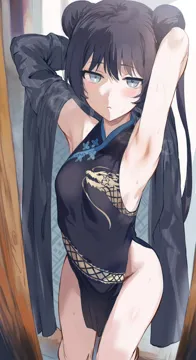 1girl armpits arms_behind_head arms_up bare_shoulders black_dress black_hair blue_archive blush breasts china_dress chinese_clothes closed_mouth double_bun dragon_print dress grey_eyes hair_bun hews jacket jacket_partially_removed kisaki__blue_archive long_hair looking_at_viewer no_panties print_dress small_breasts solo standing steam sweat thighs