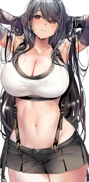 1girl armpits arms_behind_head arms_up bare_shoulders black_gloves black_hair black_skirt blush breasts cleavage collarbone crop_top earrings elbow_gloves elbow_pads final_fantasy final_fantasy_vii final_fantasy_vii_remake gloves jewelry large_breasts long_hair looking_at_viewer low_tied_long_hair marushin__denwa0214 midriff navel red_eyes shirt skirt solo stomach suspender_skirt suspenders sweat tank_top taut_clothes taut_shirt thighs tifa_lockhart white_tank_top