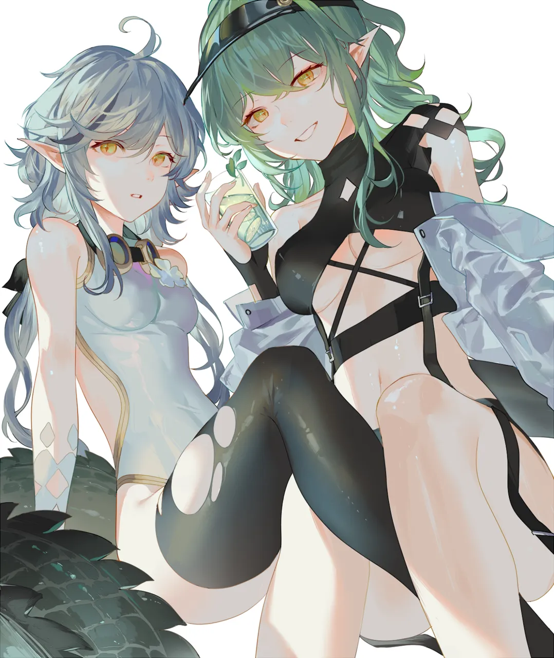 2girls antenna_hair bare_shoulders black_thighhighs breasts crocodilian_tail cup drinking_glass green_hair grey_hair grin hair_between_eyes hand_up holding holding_cup long_hair medium_breasts multiple_girls navel off_shoulder official_alternate_costume parted_lips pointy_ears simple_background small_breasts smile stomach swimsuit tail thighhighs thighs visor_cap white_background yellow_eyes reeh__yukuri130 arknights gavial__arknights tomimi__arknights