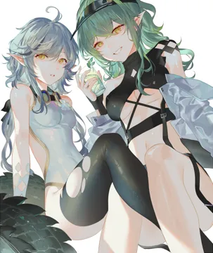 2girls antenna_hair bare_shoulders black_thighhighs breasts crocodilian_tail cup drinking_glass green_hair grey_hair grin hair_between_eyes hand_up holding holding_cup long_hair medium_breasts multiple_girls navel off_shoulder official_alternate_costume parted_lips pointy_ears simple_background small_breasts smile stomach swimsuit tail thighhighs thighs visor_cap white_background yellow_eyes reeh__yukuri130 arknights gavial__arknights tomimi__arknights