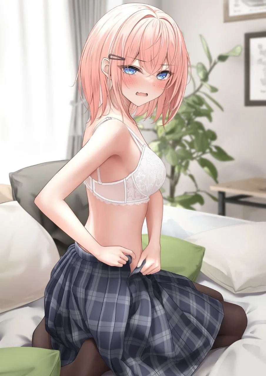 1girl bare_arms bare_shoulders bed bed_sheet bedroom black_legwear blanket blue_eyes blurry blurry_background blurry_foreground blush bra breasts curtains cushion depth_of_field hair_ornament hairclip indoors looking_at_viewer on_bed open_mouth pantyhose picture_frame pillow pink_hair plaid plaid_skirt plant pleated_skirt potted_plant sitting sitting_on_bed skirt solo underwear white_bra window monakacurl koakuma_chan
