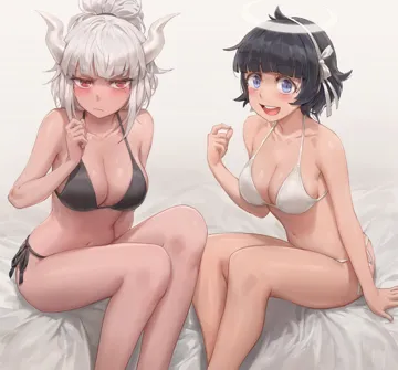 2girls angel angel_and_devil azazel__helltaker bare_arms bare_shoulders bed_sheet bikini black_bikini black_hair blue_eyes blunt_bangs breasts cleavage closed_mouth collarbone demon_horns free_style__yohan1754 frown hair_ribbon halo halterneck helltaker horns large_breasts long_hair looking_at_viewer lucifer__helltaker mole mole_under_eye multiple_girls navel open_mouth ponytail red_eyes ribbon short_hair side_tie_bikini_bottom simple_background sitting smile stomach string_bikini swimsuit thighs v_shaped_eyebrows white_background white_bikini white_hair white_horns