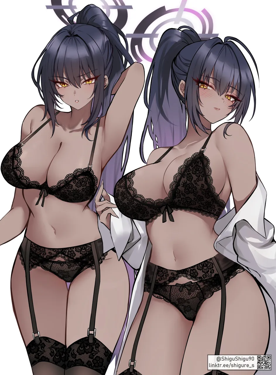 1girl alternate_costume armpits bare_shoulders black_bra black_garter_belt black_hair black_panties blue_archive blush bra breasts cleavage collarbone dark_skin dark_skinned_female garter_belt halo high_ponytail karin__blue_archive lace lace_bra lace_garter_belt lace_panties lace_trim lace_trimmed_legwear large_breasts lingerie long_hair looking_at_viewer multiple_views navel panties ponytail presenting_armpit shigure_s sideboob stomach thighs underwear very_long_hair yellow_eyes