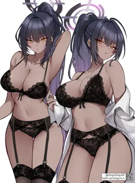 1girl alternate_costume armpits bare_shoulders black_bra black_garter_belt black_hair black_panties blue_archive blush bra breasts cleavage collarbone dark_skin dark_skinned_female garter_belt halo high_ponytail karin__blue_archive lace lace_bra lace_garter_belt lace_panties lace_trim lace_trimmed_legwear large_breasts lingerie long_hair looking_at_viewer multiple_views navel panties ponytail presenting_armpit shigure_s sideboob stomach thighs underwear very_long_hair yellow_eyes