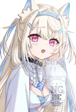 1girl animal_ear_fluff animal_ears blonde_hair blue_hair breasts cleavage dog_ears dog_girl dress fangs long_hair multicolored_hair open_mouth pink_eyes simple_background solo streaked_hair two_tone_hair upper_body virtual_youtuber white_background white_dress hinata_habi_ss hololive hololive_english fuwawa_abyssgard fuwawa_abyssgard__1st_costume