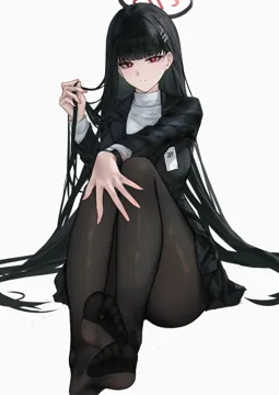 1girl black_hair black_halo black_jacket black_pantyhose black_skirt blazer closed_mouth dorsiflexion feet hair_ornament hairpin halo jacket knees_up legs long_hair long_sleeves looking_at_viewer miniskirt no_shoes pantyhose red_eyes simple_background sitting skirt soles solo sweater toes turtleneck turtleneck_sweater very_long_hair white_background white_sweater ddsssaaa blue_archive rio__blue_archive