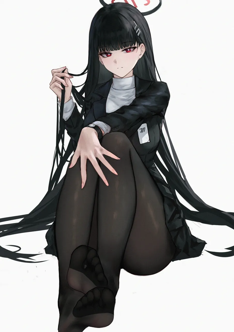 1girl black_hair black_halo black_jacket black_pantyhose black_skirt blazer closed_mouth dorsiflexion feet hair_ornament hairpin halo jacket knees_up legs long_hair long_sleeves looking_at_viewer miniskirt no_shoes pantyhose red_eyes simple_background sitting skirt soles solo sweater toes turtleneck turtleneck_sweater very_long_hair white_background white_sweater ddsssaaa blue_archive rio__blue_archive
