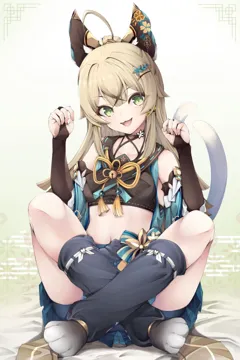 1girl ahoge animal_ears bangs blonde_hair breasts cat_ears cat_tail detached_sleeves eyebrows_visible_through_hair gloves gradient gradient_background green_eyes hair_between_eyes hair_ornament long_hair looking_at_viewer midriff navel open_mouth panties paw_pose pleated_skirt sitting skirt smile solo tail underwear genshin_impact kirara__genshin_impact