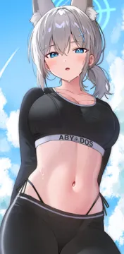 1girl alternate_costume animal_ear_fluff animal_ears arms_behind_back black_pants blue_archive blue_eyes blue_sky breasts cleavage cloud cloudy_sky collarbone cross_hair_ornament extra_ears from_below grey_hair hair_between_eyes hair_ornament halo highleg highleg_panties long_sleeves looking_at_viewer low_ponytail medium_breasts medium_hair meettheton mismatched_pupils navel outdoors panties pants panty_straps parted_lips ponytail shiroko__blue_archive sidelocks sky solo stomach sweat tank_top underwear wolf_ears wolf_girl