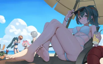 4girls adjusting_eyewear ball barefoot beach beach_umbrella beachball bikini black_bikini black_hair blue_bikini blue_sky blush bracelet breasts closed_mouth cloud crossed_ankles cup day dirty dirty_feet feet green_bikini holding holding_cup innertube jewelry knees_up looking_at_viewer medium_breasts multicolored_hair multiple_girls ponytail red_eyes red_hair sitting sky smile soles solo_focus streaked_hair sunglasses swim_ring swimsuit umbrella white_bikini centauri__saa98 zenless_zone_zero anby_demara__zenless_zone_zero eous__zenless_zone_zero nicole_demara__zenless_zone_zero qingyi__zenless_zone_zero zhu_yuan__zenless_zone_zero
