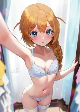 1girl alternate_costume armpits baba_konomi blurry blurry_background blush bra braid braided_ponytail brown_hair c__theta collarbone cowboy_shot embroidered_bra fingernails fitting_room flat_chest idolmaster idolmaster_million_live indoors lace_trim lace_trimmed_bra lace_trimmed_legwear lace_trimmed_panties light_smile looking_at_viewer nail_polish navel panties selfie side_ponytail signature solo thighhighs underwear underwear_only white_bra white_panties white_thighhighs