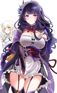 _q 3girls alternate_costume apron apron_tug blonde_hair blush braid breasts bridal_gauntlets cleavage closed_mouth embarrassed enmaided eyelashes flower frilled_apron frills genshin_impact hair_flower hair_ornament headdress long_hair looking_at_viewer low_braided_long_hair low_tied_long_hair lumine__genshin_impact maid maid_apron maid_headdress mole mole_under_eye multiple_girls obi obiage obijime paimon__genshin_impact purple_eyes purple_hair raiden_shogun sak__lemondisk sash simple_background thighhighs thighs thumbs_up tongue tongue_out very_long_hair vision__genshin_impact waist_apron white_apron white_background yellow_eyes