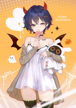 1girl bangboo__zenless_zone_zero bare_shoulders black_thighhighs blue_hair blush brown_jacket candy closed_mouth crossed_bangs demon_horns dress food ghost_print green_eyes hair_between_eyes hair_ornament holding holding_candy holding_food holding_lollipop horns jacket letter_hair_ornament lollipop looking_at_viewer off_shoulder open_clothes open_jacket panties pumpkin_print red_horns see_through_clothes short_hair smile swirl_lollipop thighhighs underwear white_dress white_panties wing_print adelie_cat zenless_zone_zero belle__zenless_zone_zero