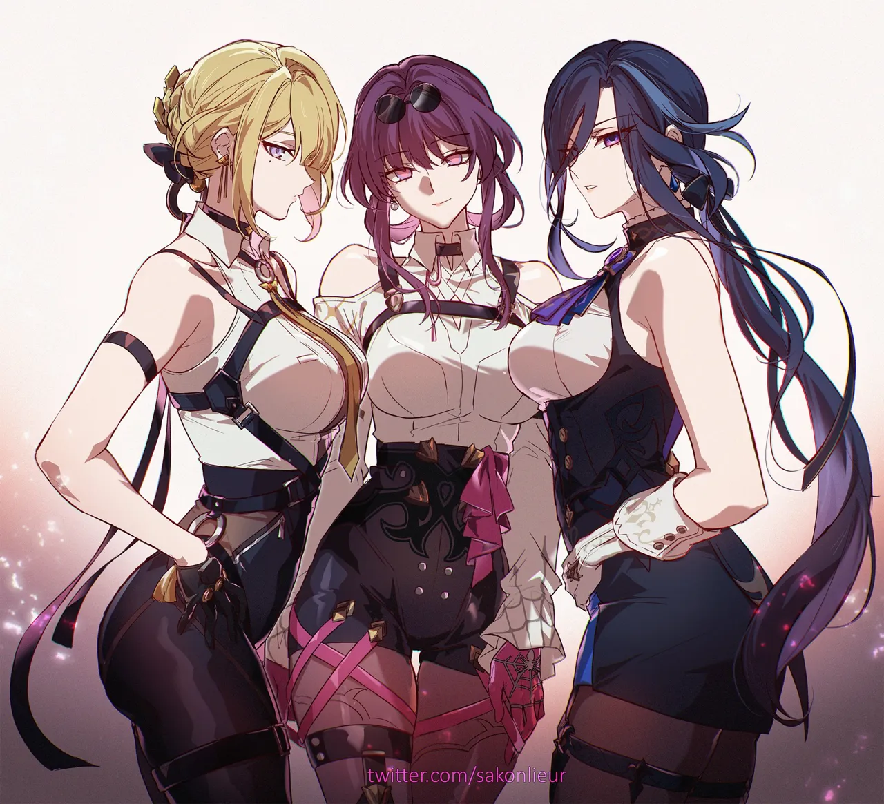 3girls black_gloves black_pants black_shorts black_skirt blonde_hair breasts clorinde__genshin_impact collared_shirt company_connection crossover evelyn_chevalier eyewear_on_head genshin_impact gloves grey_eyes high_waist_pants high_waist_shorts honkai__series honkai__star_rail kafka__honkai__star_rail large_breasts long_hair long_sleeves looking_at_viewer mihoyo mole mole_under_eye multiple_girls necktie pants pantyhose pencil_skirt pince_nez ponytail purple_eyes purple_gloves purple_hair purple_pantyhose sakon04 shirt shirt_tucked_in shorts skirt sleeveless sleeveless_shirt sunglasses tight_clothes tight_pants twitter_username very_long_hair white_gloves white_shirt yellow_necktie zenless_zone_zero